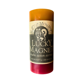 Lucky Magnet double action gold and red ritual spell candle pillar for luck and abundance. Practical Candles.